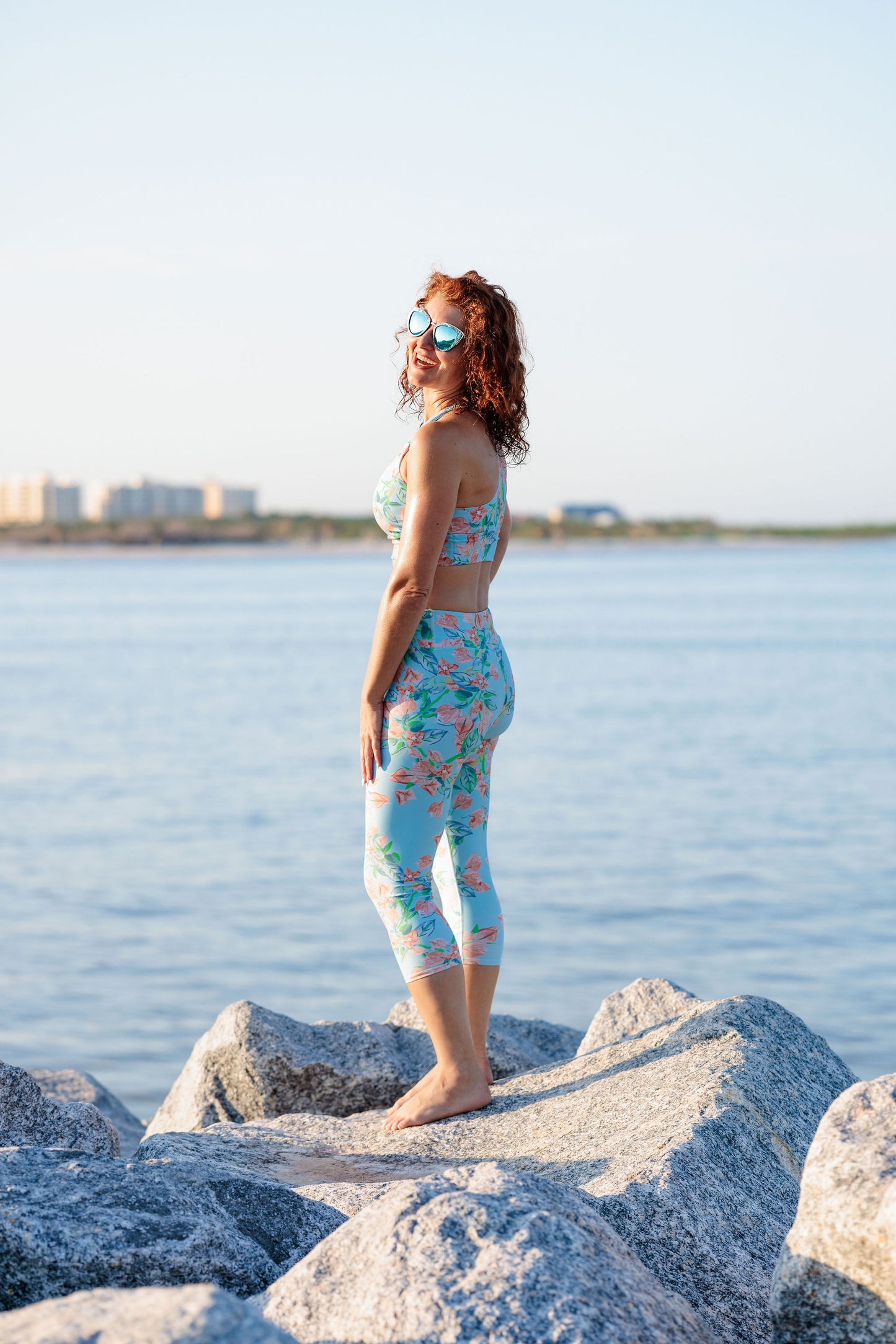 Bougainvillea Springs Sky Blue and Coral Swim Sports Bra