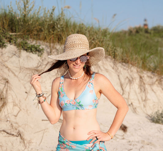 Bougainvillea Springs Sky Blue and Coral Recycled Scoop Bikini Top