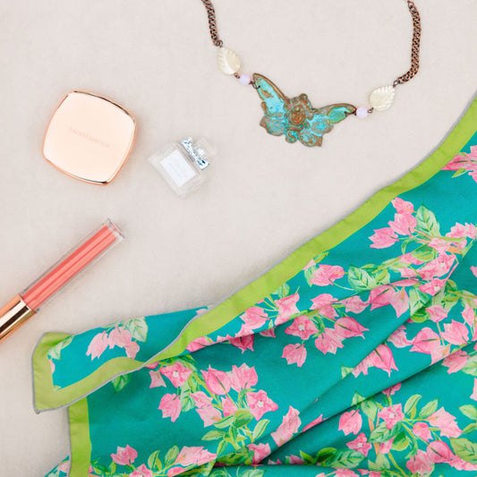 Bougainvillea Springs Teal and Pink Silk Scarf