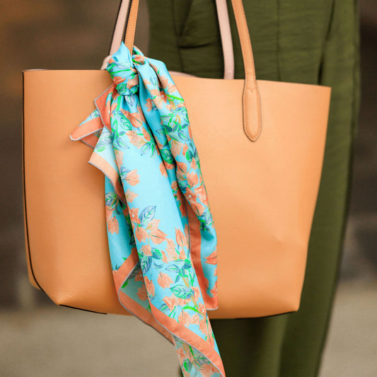 Bougainvillea Sky Blue and Coral Silk Scarf