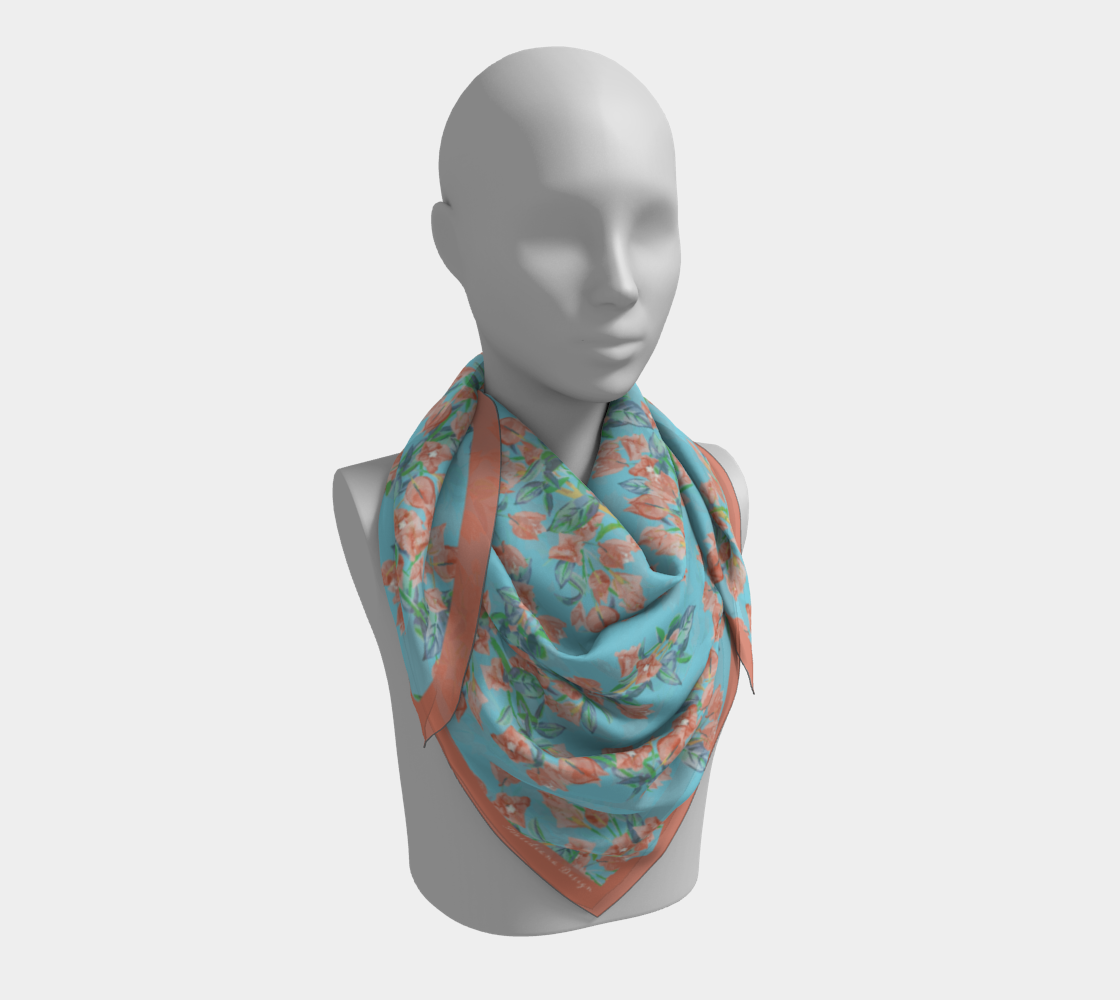 Bougainvillea Sky Blue and Coral Silk Scarf