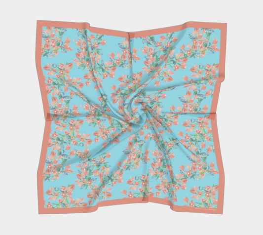 Bougainvillea Sky Blue and Coral Silk Scarf