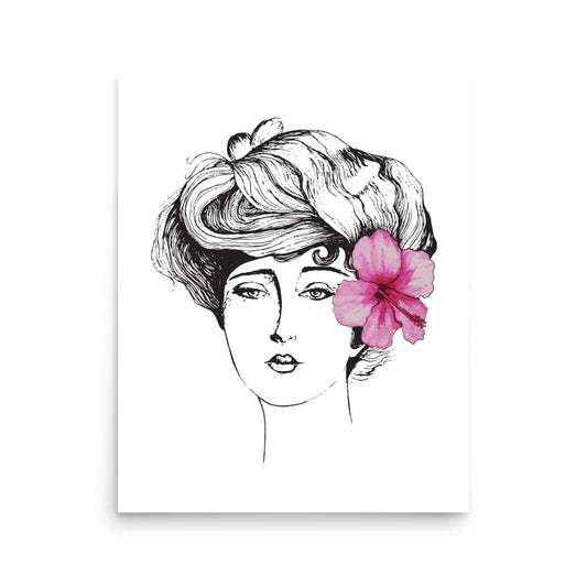 Floridiana Gibson Girl with Pink Hibiscus Flower Watercolor and Pen & Ink Art Print