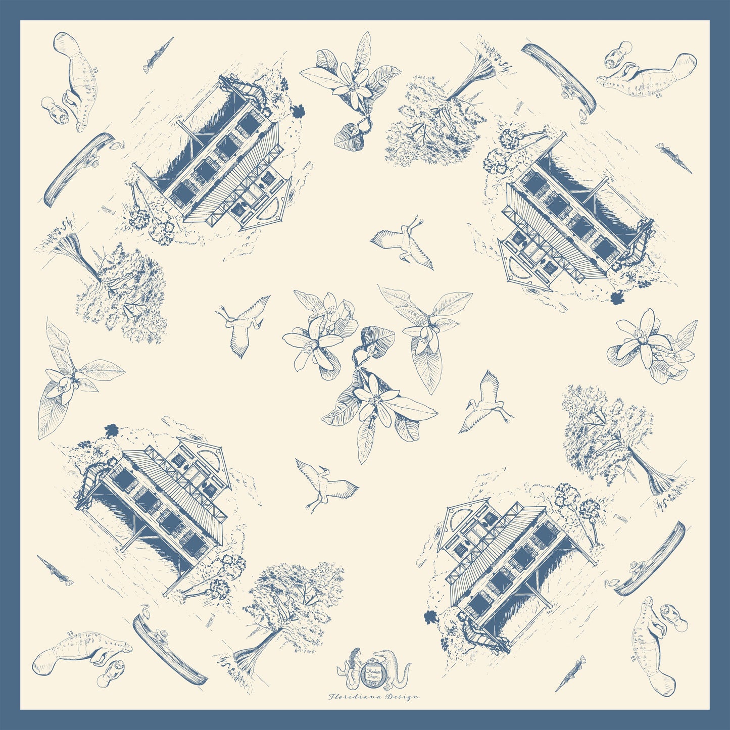 Floridiana 1930's Manatee and Canoe Vintage-Style Scarf