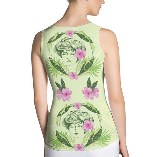 Floridiana Gibson Girl with Pink Hibiscus and Green Anole Lizards Women's Tank Top