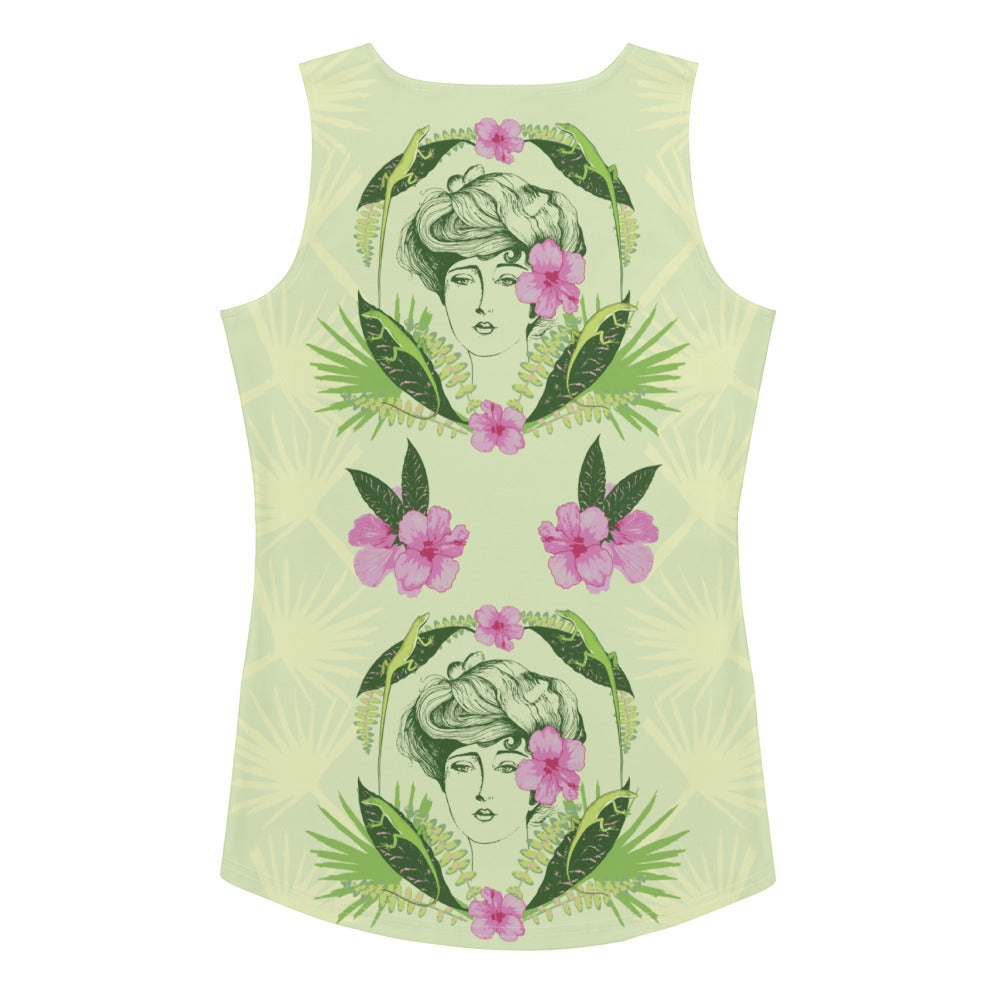 Floridiana Gibson Girl with Pink Hibiscus and Green Anole Lizards Women's Tank Top