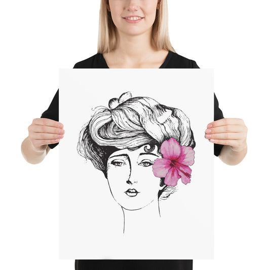 Floridiana Gibson Girl with Pink Hibiscus Flower Watercolor and Pen & Ink Art Print
