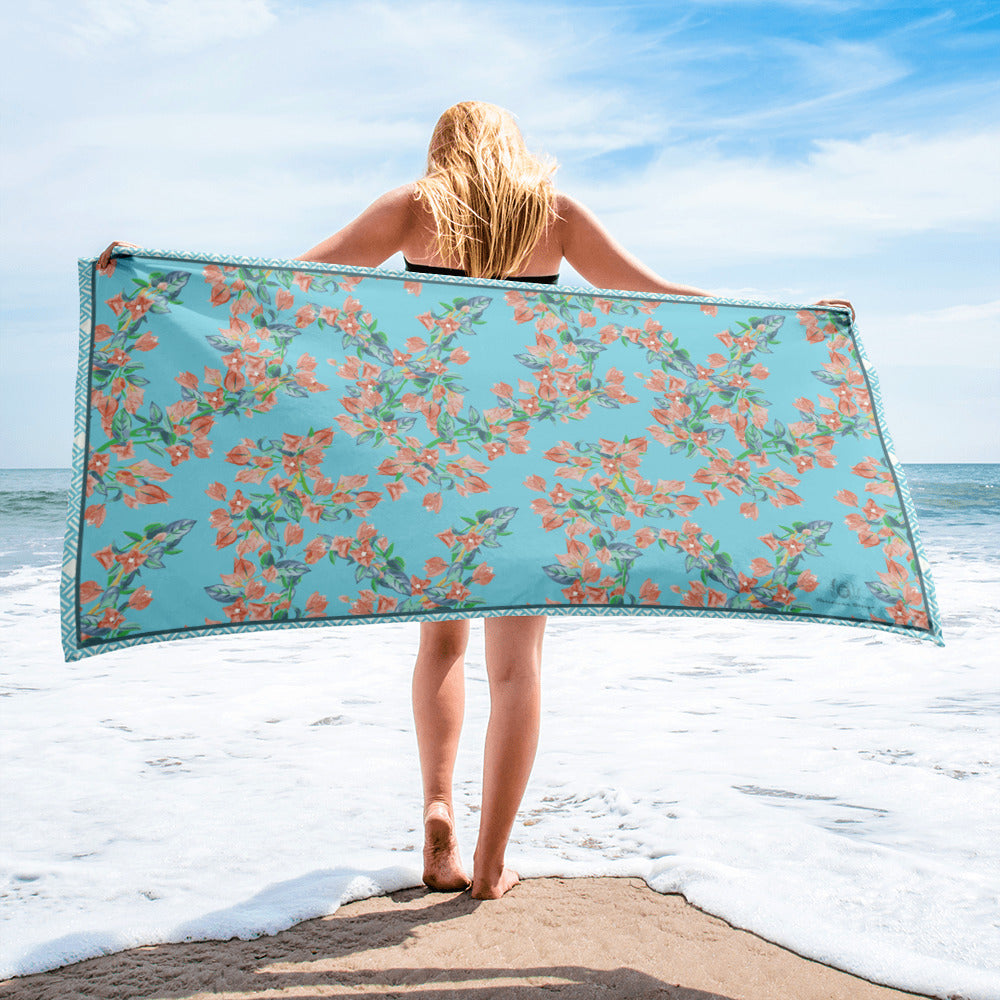 Bougainvillea Springs Sky Blue and Coral Beach Towel
