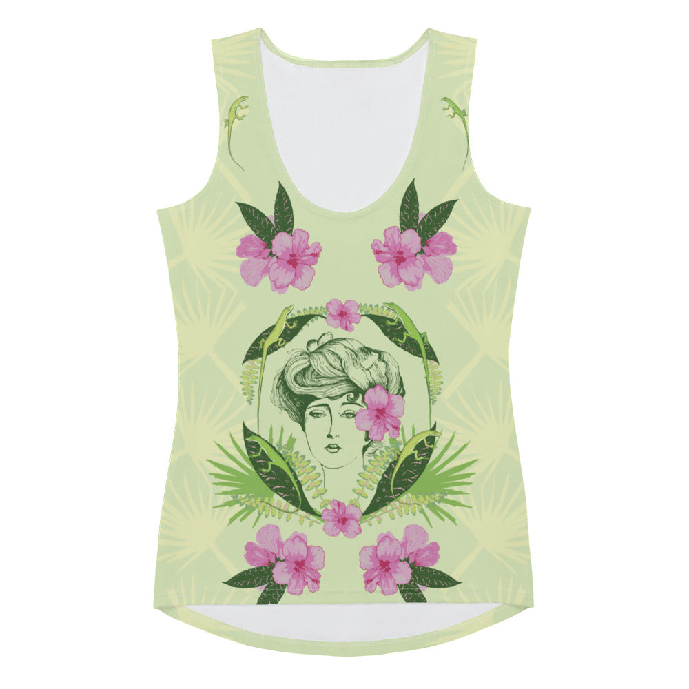 Floridiana Gibson Girl with Pink Hibiscus and Green Anole Lizards Women's Tank Top