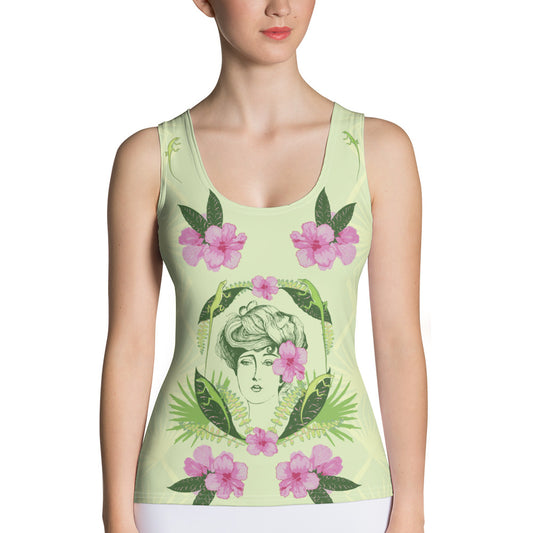Floridiana Gibson Girl with Pink Hibiscus and Green Anole Lizards Women's Tank Top