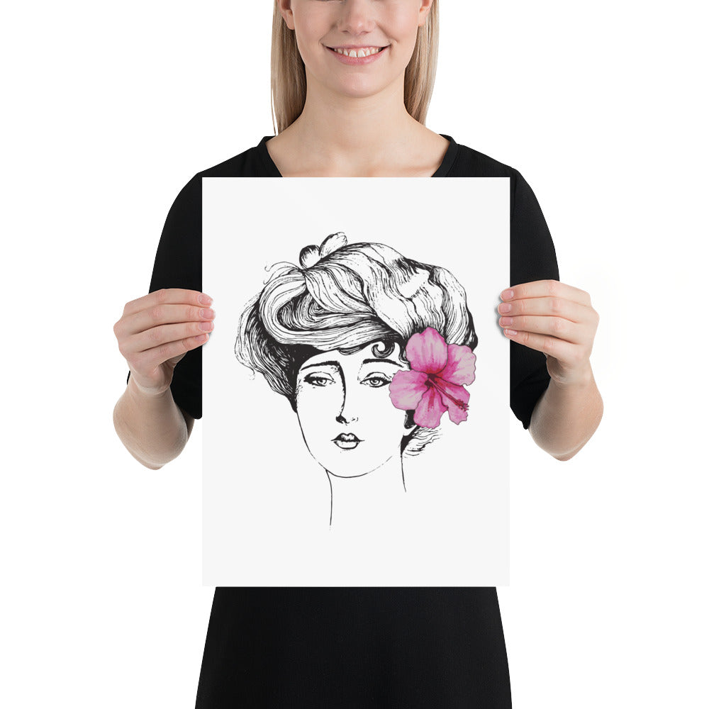 Floridiana Gibson Girl with Pink Hibiscus Flower Watercolor and Pen & Ink Art Print