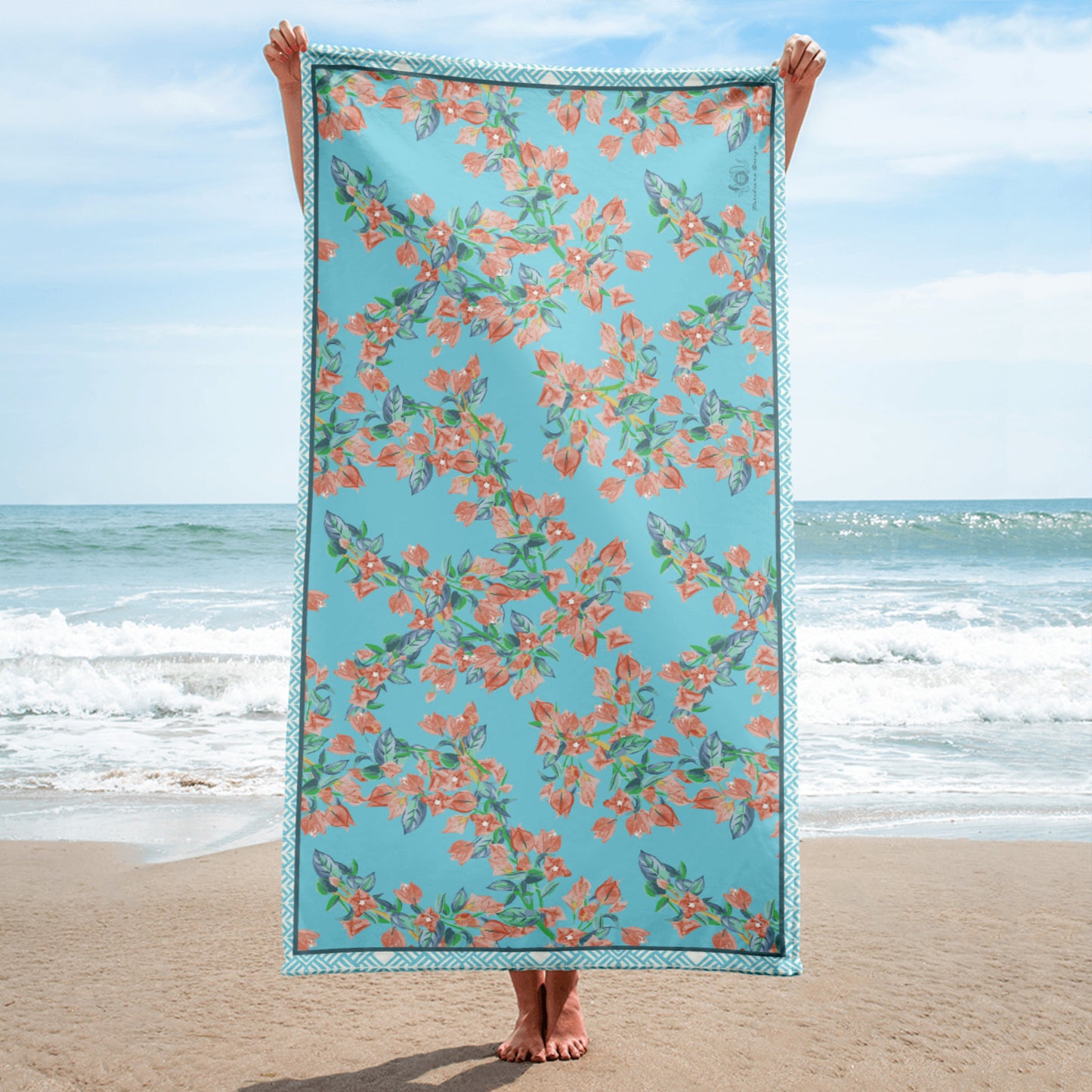 Bougainvillea Springs Sky Blue and Coral Beach Towel